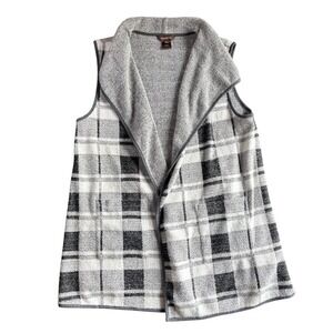 Womens Black White Plaid Knit Sleeveless Vest Shawl Collar Pockets L